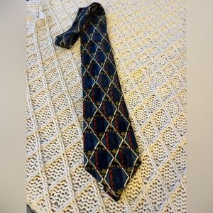 Men's Navy Geometric Pattern Silk Tie with Burgundy Accents